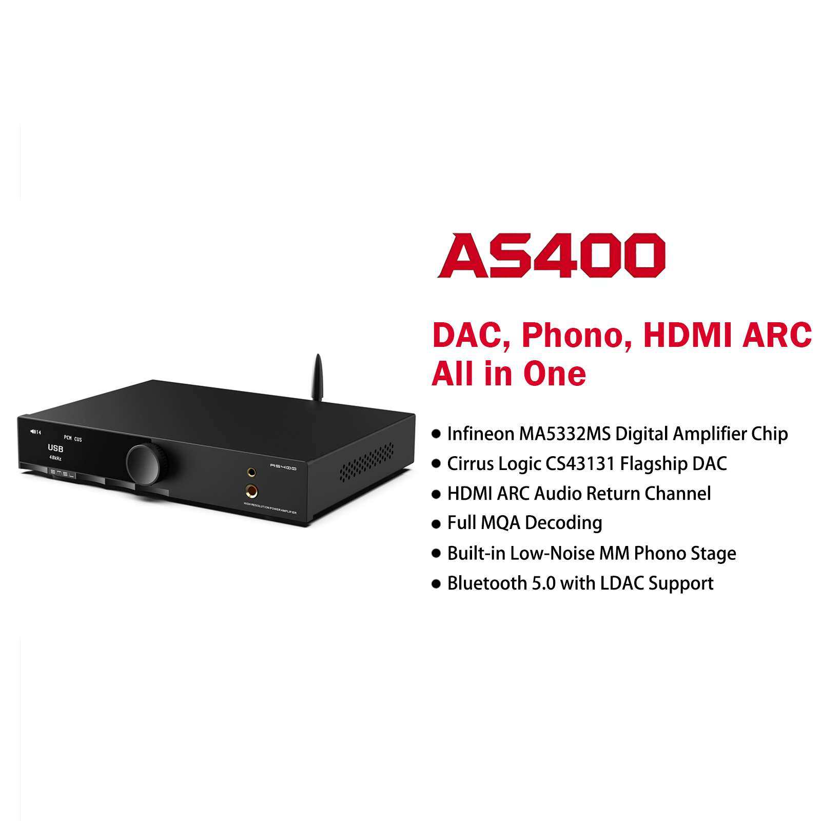 SMSL AS400 Power Amplifier 165W x 165W DAC Headphone Amp MA5
